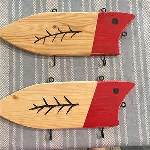 Handmade Wooden Fish Wall Hooks - Natural Wood & Red